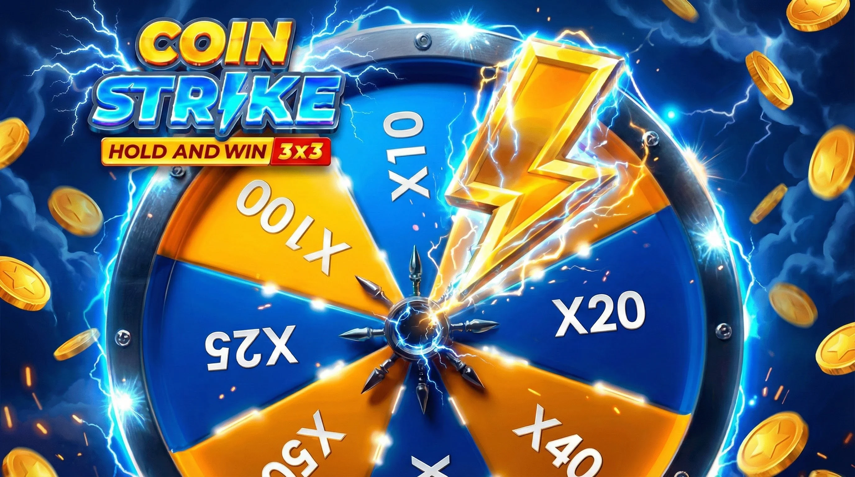 Coin Strike Strike Bonus Feature - Glücksrad mit x10, x20, x25, x40, x50, x100 Multiplikatoren und goldenem Blitz-Symbol auf elektrischem blauen Hintergrund